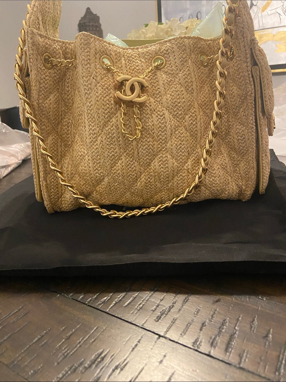Chanel Quilted Raffia Drawstring Shoulder Bag in Beige with Gold Hardware